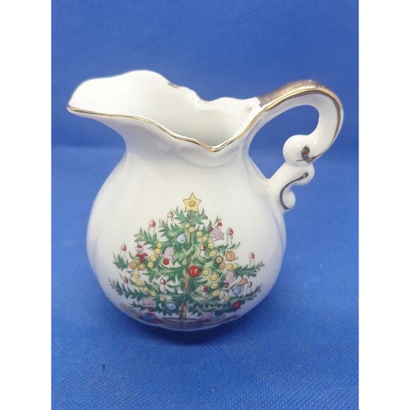 Vintage Christmas Tree Creamer Pitcher Gold Trim Hand Painted Japan - Picture 1 of 10
